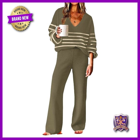 V-Neck Knit Sweater Set Long Sleeve Top Wide Leg Pants Loungewear Casual